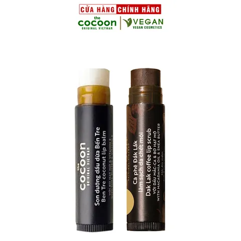 Combo son tẩy da chết môi Cà phê đắk lắk cocoon5g+son dưỡng môi dầu dừa bến tre cocoon5g
