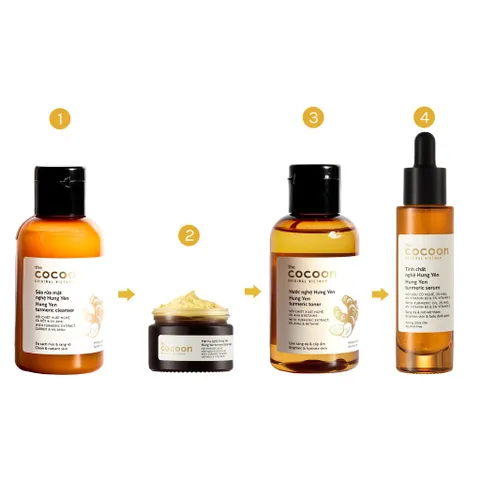 Bộ 4 sản phẩm nghệ cocoon: Sữa rửa mặt nghệ 140ml + Mặt nạ nghệ 30ml + Toner nghệ 140ml + tinh chất nghệ 30ml