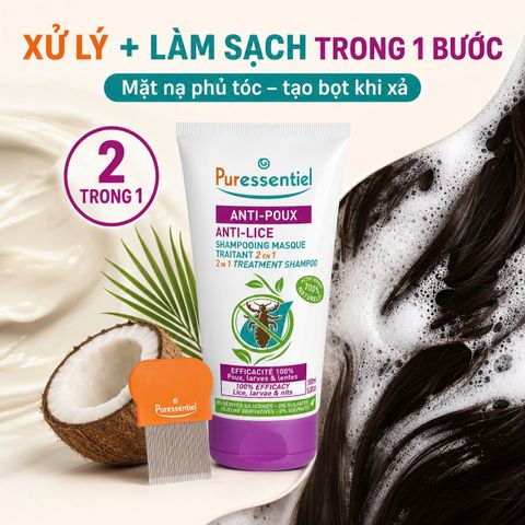 [Puressentiel] Dầu Gội Mặt Nạ Anti-Poux 2 Trong 1 150ml Kèm Lược – Hỗ Trợ Loại Bỏ Chấy Từ 3 Tuổi