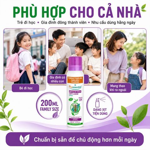 Xịt Ngừa Chấy Puressentiel Répulsif Poux 200ml Pháp, Cho Trẻ Từ 3 Tuổi, Bảo Vệ Đến 24H