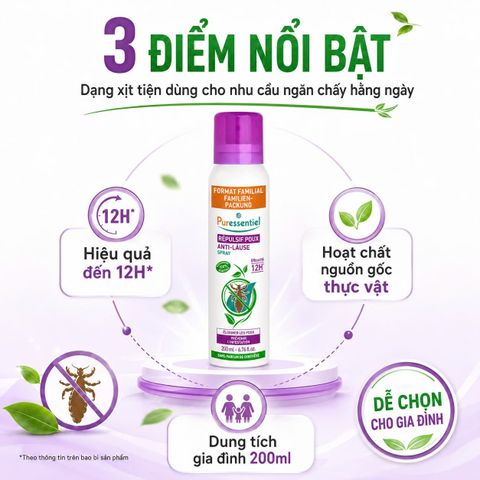 Xịt Ngừa Chấy Puressentiel Répulsif Poux 200ml Pháp, Cho Trẻ Từ 3 Tuổi, Bảo Vệ Đến 24H
