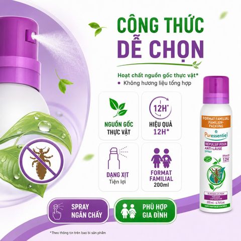 Xịt Ngừa Chấy Puressentiel Répulsif Poux 200ml Pháp, Cho Trẻ Từ 3 Tuổi, Bảo Vệ Đến 24H