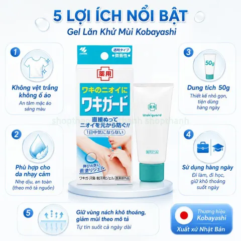 Lăn khử mùi gel trong suốt Kobayashi 50g kiểm soát mồ hôi không vệt trắng phù hợp da nhạy cảm nam nữ