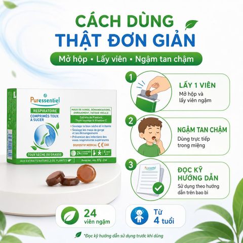Viên Ngậm Làm Dịu Cổ Họng Puressentiel Respiratoire - Giảm Ho, Khàn Giọng, Ngứa Họng Từ Thiên Nhiên (Hộp 24 Viên)