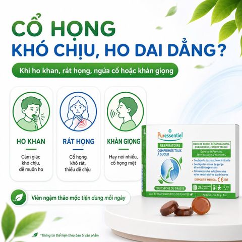 Viên Ngậm Làm Dịu Cổ Họng Puressentiel Respiratoire - Giảm Ho, Khàn Giọng, Ngứa Họng Từ Thiên Nhiên (Hộp 24 Viên)