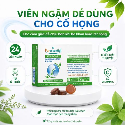 Viên Ngậm Làm Dịu Cổ Họng Puressentiel Respiratoire - Giảm Ho, Khàn Giọng, Ngứa Họng Từ Thiên Nhiên (Hộp 24 Viên)