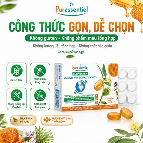Viên Ngậm Họng Puressentiel 3 Mật Ong Thơm Hỗ Trợ Dịu Cổ Họng Dây Thanh Từ 7 Tuổi 18 Viên 28,8g