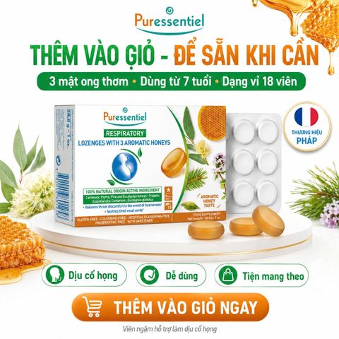Viên Ngậm Họng Puressentiel 3 Mật Ong Thơm Hỗ Trợ Dịu Cổ Họng Dây Thanh Từ 7 Tuổi 18 Viên 28,8g