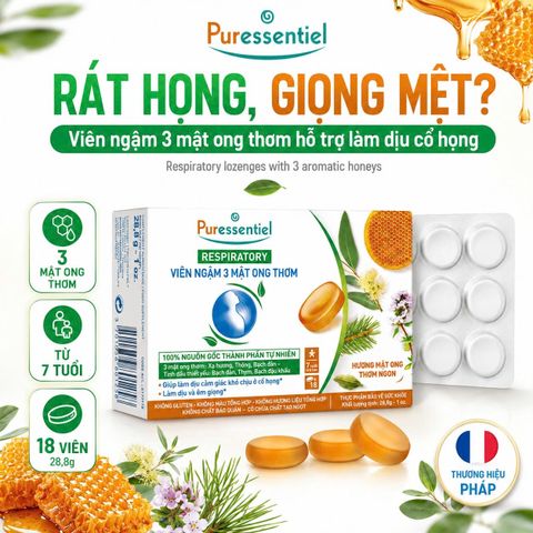Viên Ngậm Họng Puressentiel 3 Mật Ong Thơm Hỗ Trợ Dịu Cổ Họng Dây Thanh Từ 7 Tuổi 18 Viên 28,8g