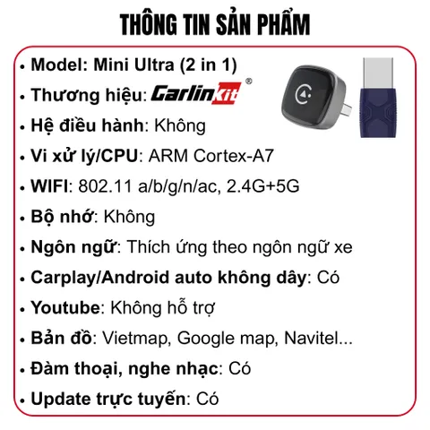 USB Dongle - Bộ Apple carplay/Android auto không dây (2 in 1) thế hệ mới nhất CARLINKIT MINI ULTRA