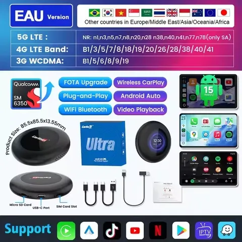 Android box ô tô Carlinkit Tbox Ultra, Chip Qualcomm SM6350, Android 15, 8GB+128GB, Wireless Carplay