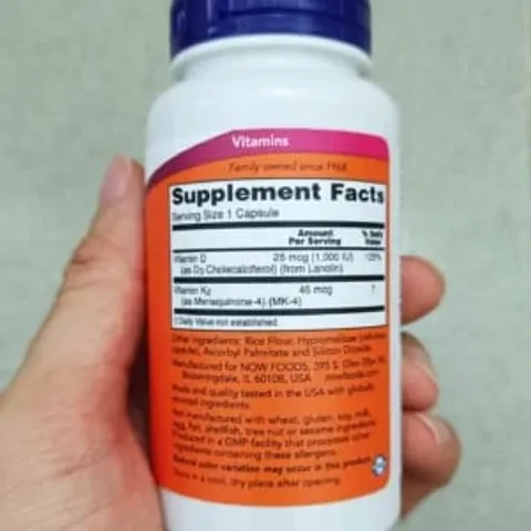  Viên uống NOW Vitamin D-3 & K-2 hỗ trợ sức khỏe xương khớp và tim mạch.