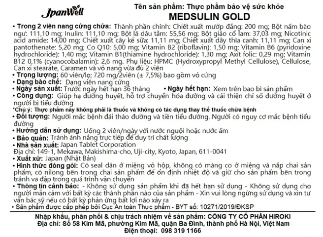 Viên uống giúp hạ đường huyết hỗ trợ chuyển hóa đường Medsulin Gold Jpanwell (60 viên)