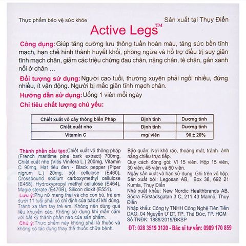 Viên uống hỗ trợ điều triị suy giãn tĩnh mạch chân Active Legs New Nordic (15 viên)
