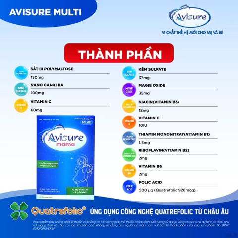 Avisure Mama Vitamin tổng hợp cho bà bầu, sau sinh, acid folic thế hệ thứ 4 từ Châu Âu Hộp 60v