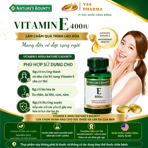 Thực phẩm bảo vệ sức khỏe Vitamin E 400UI Nature's Bounty (lọ 30 viên)