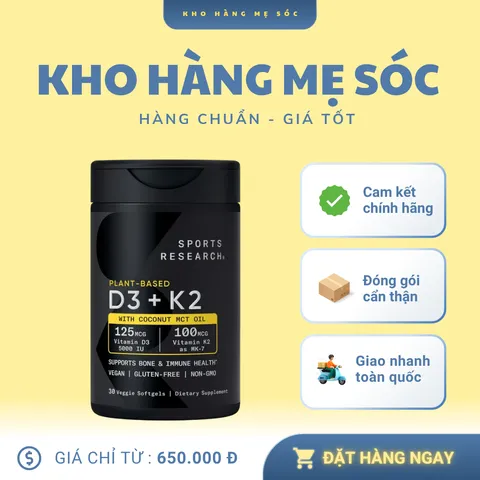 Viên Uống Bổ Sung Vitamin D3+K2 5000IU Thực Vật - Hỗ Trợ Xương Khớp, Tim Mạch & Miễn Dịch - Không Gluten