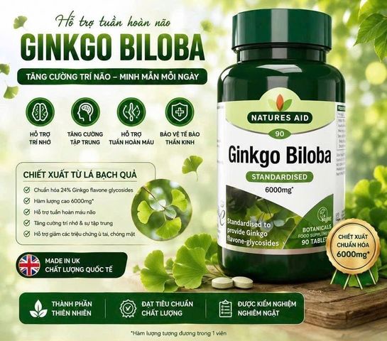 [Nhập khẩu] Viên uống bổ não Natures Aid Ginkgo Biloba 6000mg (Hộp 90 viên)