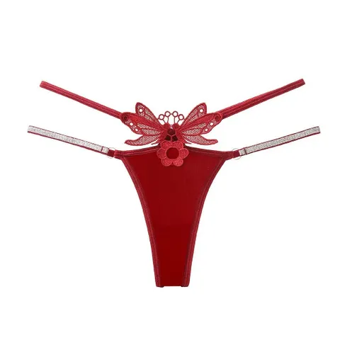 Quần Lót Lọt Khe Sexy Thêu Hoa Bướm Quyến Rũ Quần Chip Nữ Cạp Chéo Phối Dây Lấp Lánh Thanh Lịch Gợi Cảm - T361 Đỏ