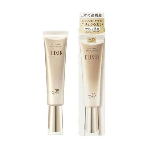 Kem Dưỡng Ngày Shiseido Elixir 35ml, Nó tích hợp 3 trong 1 gồm: sữa dưỡng ẩm, kem lót trang điểm và kem chống nắng bảo vệ da