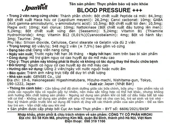 Viên uống hỗ trợ giảm nguy cơ cao huyết áp do mỡ máu cao Blood Pressure+++ Jpanwell (60 viên)