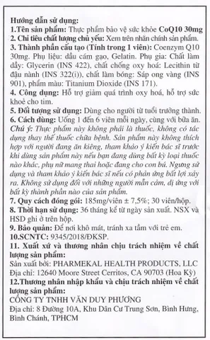 Viên uống hỗ trợ sức khỏe tim mạch, giảm cholesterol máu CoQ10 30mg Pharmekal (30 viên)