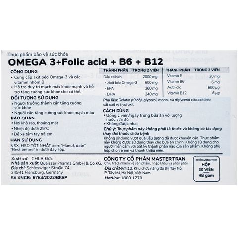 Viên uống hỗ trợ mạch máu khỏe mạnh Omega-3 + Folic acid + B6 + B12 (3 vỉ x 10 viên)
