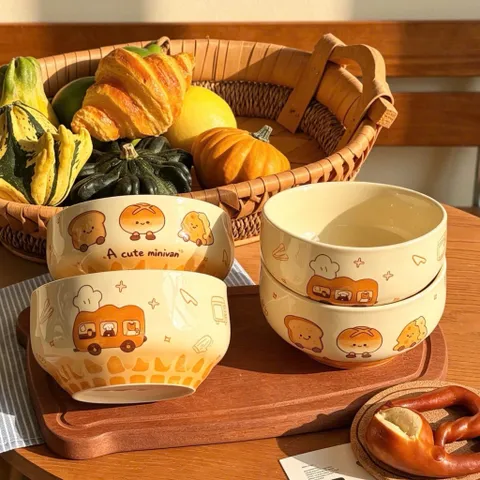 sét 4 bát 4 thìa sứ họa tiết bánh mì dễ thương – bát ăn cơm sứ cao cấp – bộ bát gia đình – quà tặng tân gia