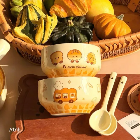sét 4 bát 4 thìa sứ họa tiết bánh mì dễ thương – bát ăn cơm sứ cao cấp – bộ bát gia đình – quà tặng tân gia