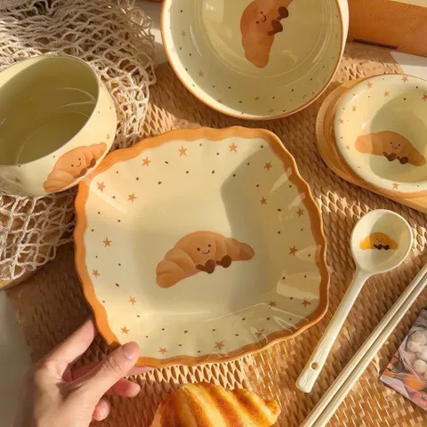 set bát đĩa sứ 5 món họa tiết bánh mì – xinh xắn cho mọi gian bếp
