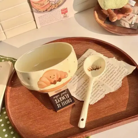 set bát đĩa sứ 5 món họa tiết bánh mì – xinh xắn cho mọi gian bếp