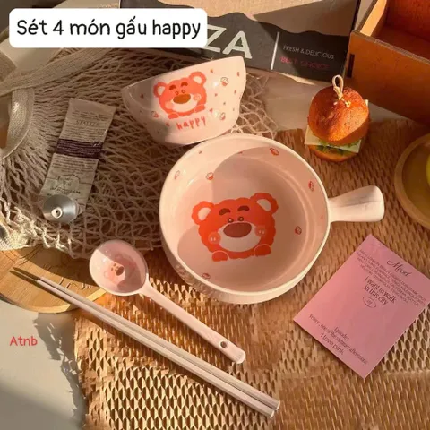 set bát sứ có tay cầm 4 món hình gấu – xinh xắn cho mọi bữa ăn