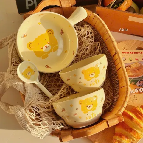 set bát sứ có tay cầm 4 món hình gấu – xinh xắn cho mọi bữa ăn