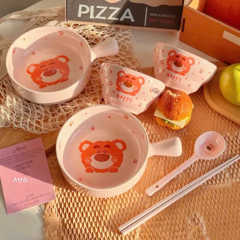 set bát sứ có tay cầm 4 món hình gấu – xinh xắn cho mọi bữa ăn