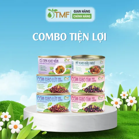 Combo 2 hộp cơm gạo lứt, 2 hộp cơm gạo tím, 1 hộp mít kho đậu ngự, 1 hộp củ sen kho nấm TMF