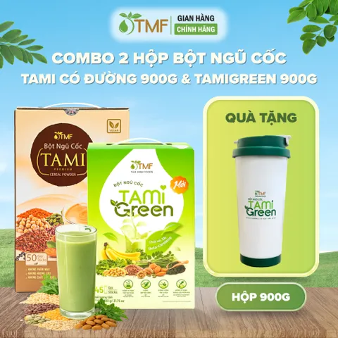 Combo hộp bột ngũ cốc nảy mầm 900g Tami 50 gói ít ngọt & Bột ngũ cốc Tamigreen 900g TÂM MINH FOODS