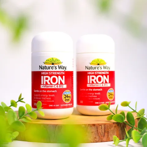 Viên Uống Bổ Sung Sắt Hàm Lượng Cao Kết Hợp Vitamin C & B12 Nature's Way High Strength Iron + Vitamin C & B12