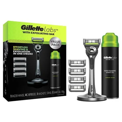 Set Dao Cạo Râu Gillette Labs Với Thanh Tẩy Tế Bào Chết, 4 Lưỡi Dao Nạp Lại Và 1 Chai Gel Cạo Râu [hộp hơi móp]