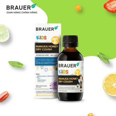 Siro với mật ong manuka giảm ho khan, ho có đàm và giảm đau rát họng ở trẻ em Brauer Manuka Honey Dry Cough 100ml