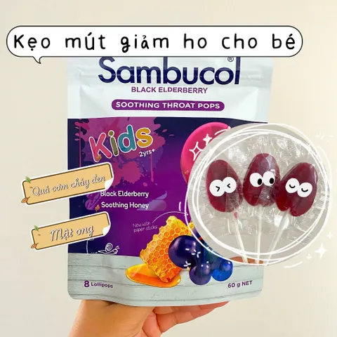 Kẹo mút làm dịu cổ họng/ giảm ho cho bé từ 2 tuổi - Sambucol Black Elderberry Soothing Throat Pops