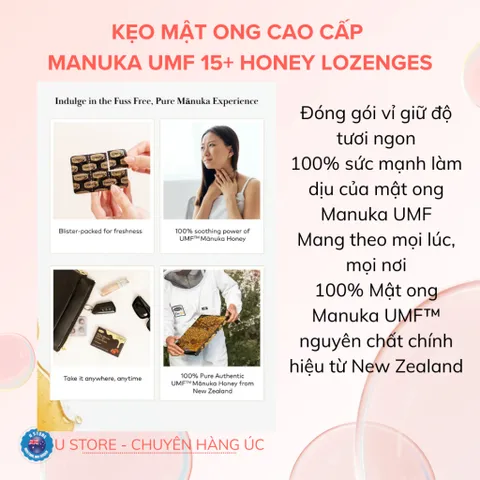 Kẹo ngậm mật ong Manuka cao cấp, nguyên chất từ mật ong UMF15+ - Manuka Honey Lozenges – 6 Pieces