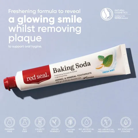 Kem đánh răng Red Seal Baking Soda không chưa flour, làm sạch, trắng răng, hương bạc hà tươi mát, sảng khoái