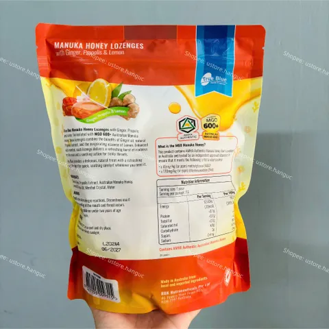Kẹo Ngậm Mật Ong Manuka Chanh, Gừng, Keo Ong True Blue Manuka Honey Lozenges With Ginger, Propolis & Lemon MGO 600+