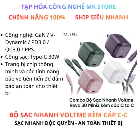 Bộ Sạc Nhanh 30W Voltme Revo 30 Mini2 - kèm cáp C to C - Tương thích iphone 15 trở lên và samsung