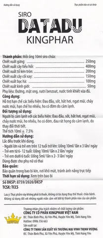 Siro hỗ trợ hạn chế đau đầu sốt ho Datadu Kingphar (4 vỉ x 5 ống x 10ml)