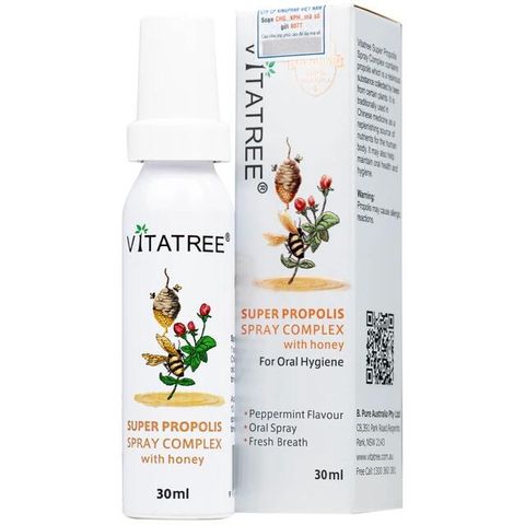 Chai xịt họng hỗ trợ giảm đau rát cổ do viêm họng Vitatree Super Propolis Spray Complex With Honey (30ml)
