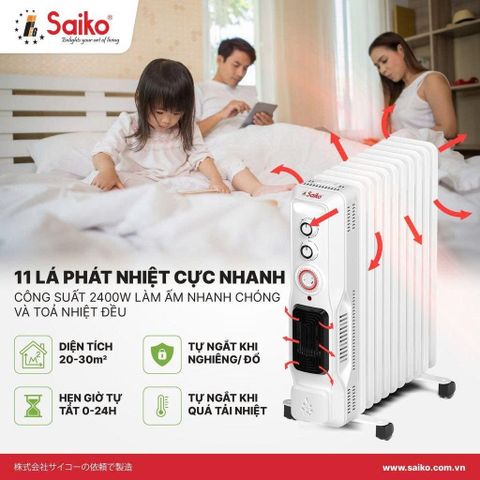 Máy Sưởi Dầu Saiko OR-8211T 11 Thanh (2400W)