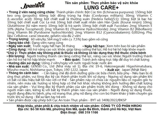 Viên uống bổ phổi, hỗ trợ hệ hô hấp khỏe mạnh Lung Care+ Jpanwell (60 viên)