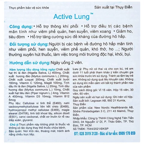 Viên uống hỗ trợ thông khí phổi, giảm viêm phế quản, hen suyễn Active Lung New Nordic (2 vỉ x 15 viên)