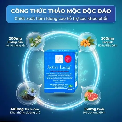 Viên uống hỗ trợ thông khí phổi, giảm viêm phế quản, hen suyễn Active Lung New Nordic (2 vỉ x 15 viên)